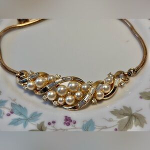 1950s Trifari Pearl & Baguette Rhine Leafy Scroll Choker Necklace w Side Chains